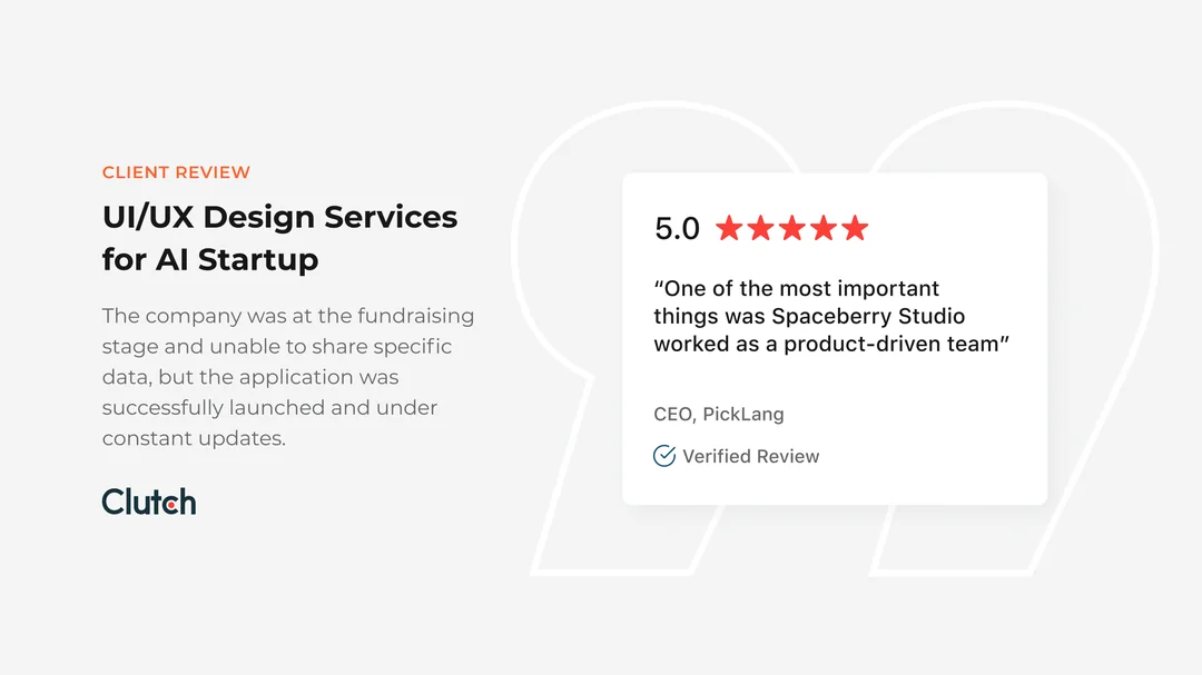 Clutch client review from PickLang's CEO rated 5.0, praising Spaceberry as a product-driven team