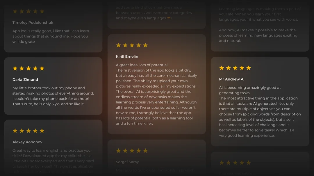 Five-star user reviews of the PickLang app praising its AI-generated tasks and photo uploads
