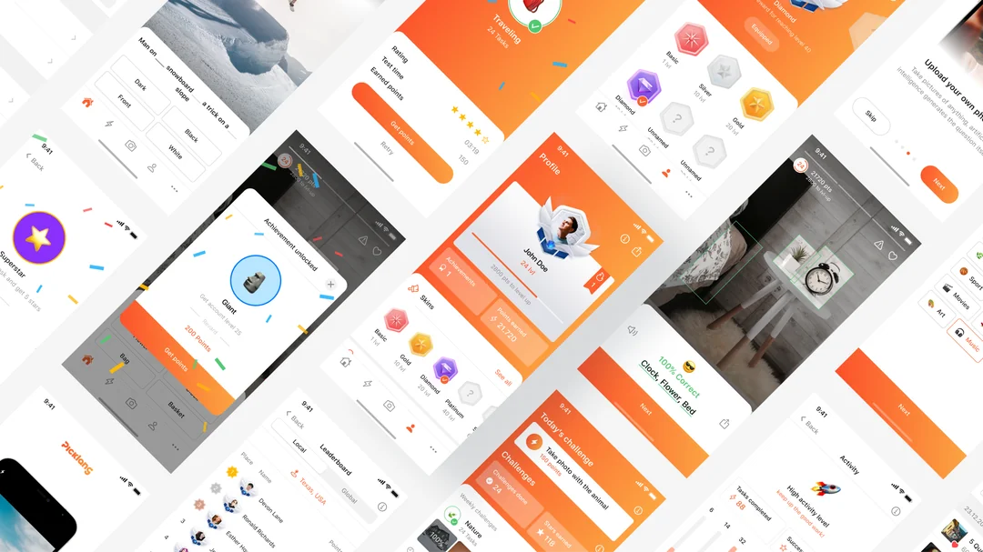 Collage of PickLang app screens: quizzes, achievements, profile, leaderboard and challenges
