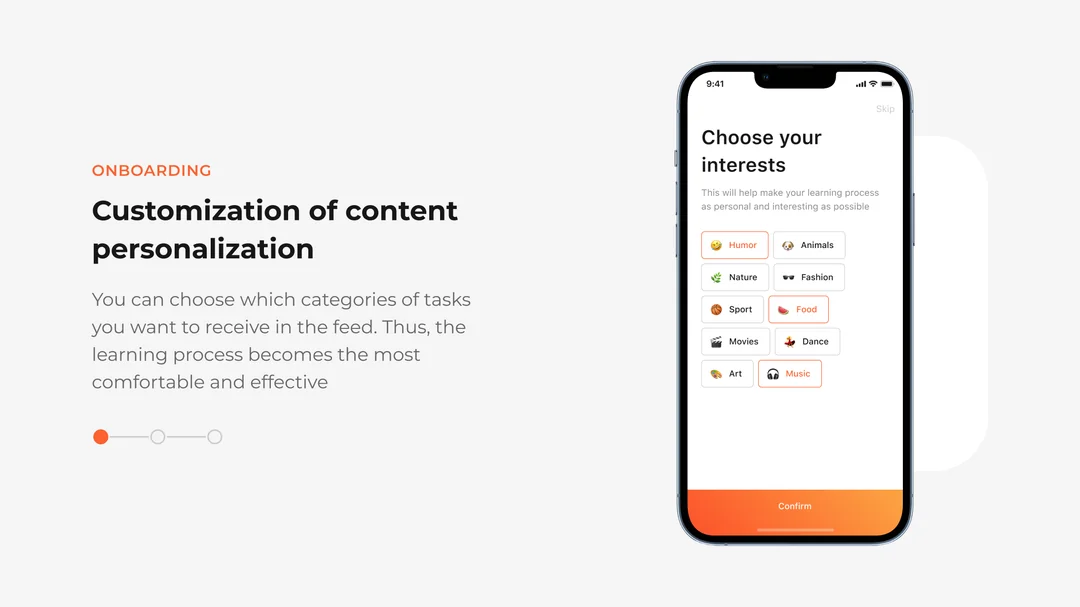 PickLang onboarding screen where users pick interest categories like Humor, Food and Music