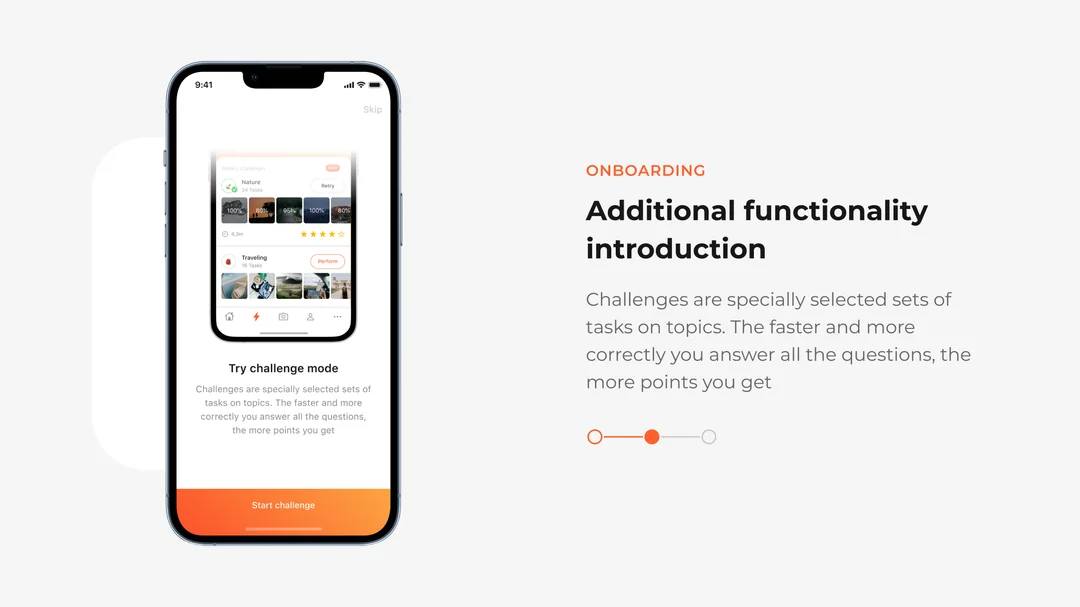 PickLang onboarding screen introducing challenge mode with topic-based task sets