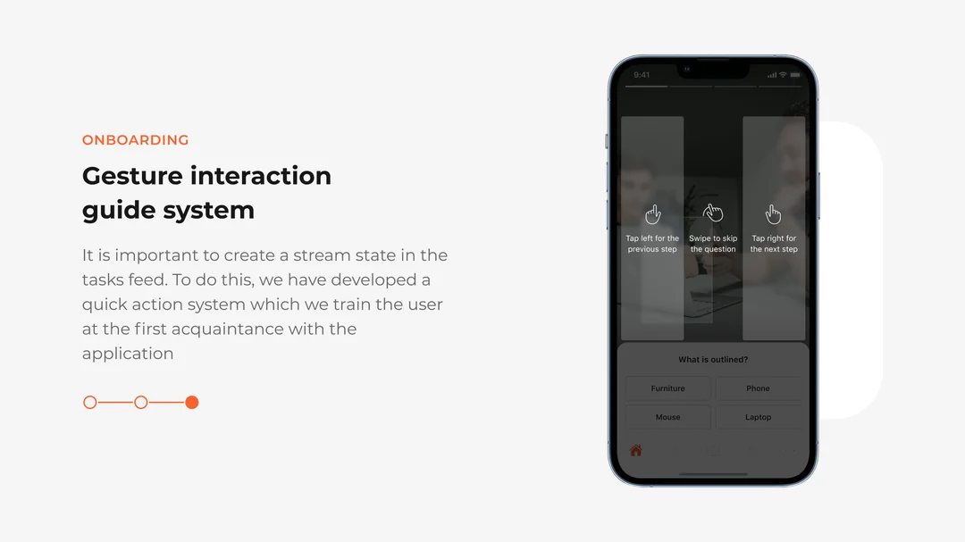 PickLang gesture guide overlay explaining tap and swipe controls over a photo quiz