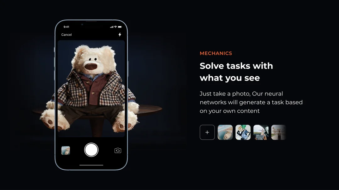 PickLang camera screen photographing a teddy bear to generate a language task from the user's photo