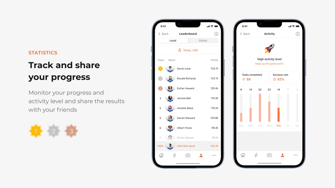 PickLang local leaderboard and weekly activity chart with tasks completed and success rate