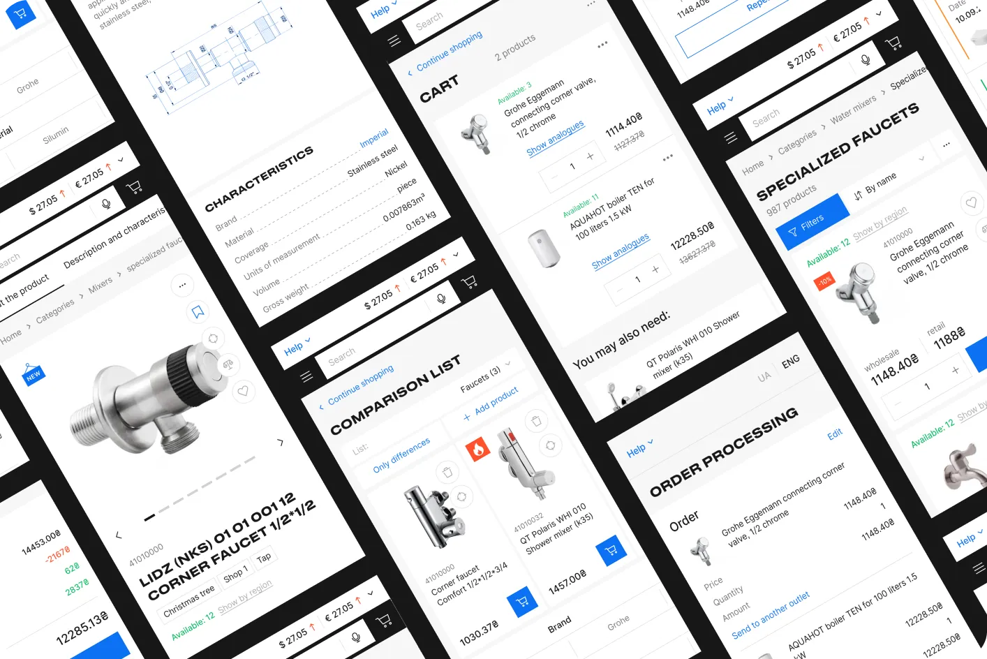 Angled collage of Sandi+ screens: product characteristics, cart, comparison list, specialized faucets and order processing