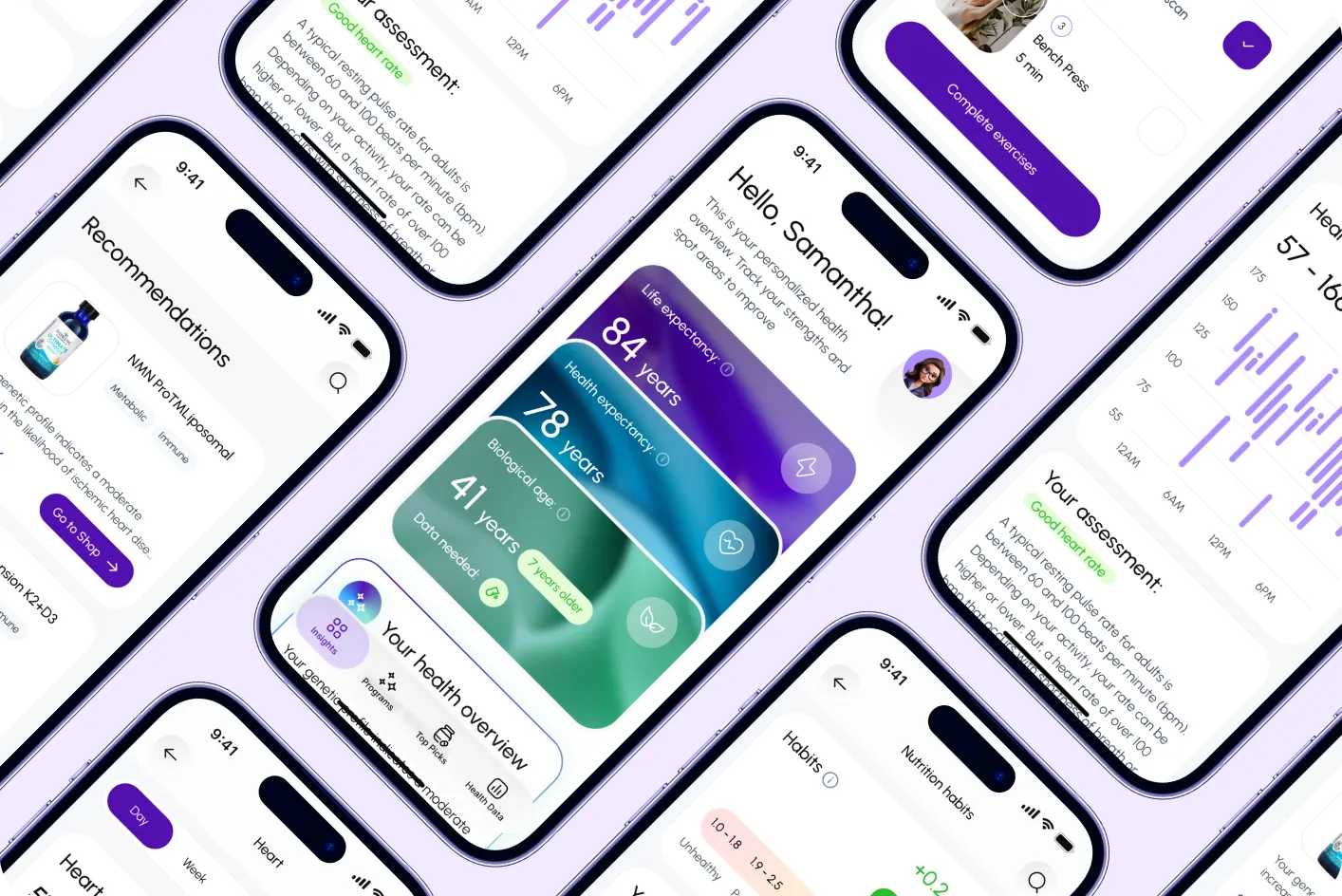 Angled collage of Salud.ia mobile screens: health overview with life expectancy, healthspan and biological age cards, recommendations and assessments