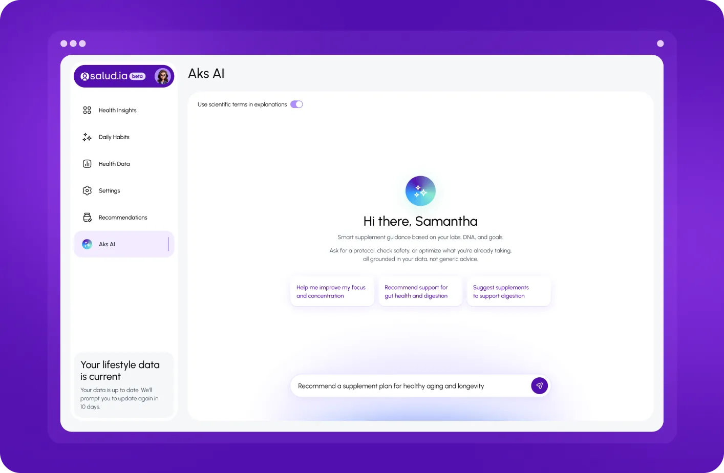 Salud.ia web app with the Aks AI assistant screen suggesting supplement plans and a prompt field