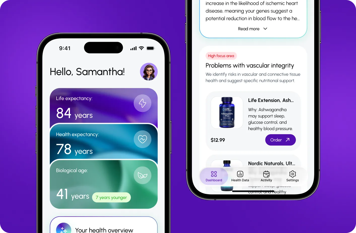 Salud.ia mobile home screen with life expectancy, health expectancy and biological age cards, next to a supplement recommendation for vascular health