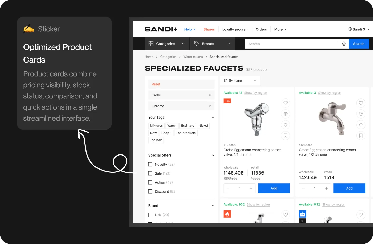Sandi+ specialized faucets catalog page with filters and optimized product cards showing price, stock status and quick add