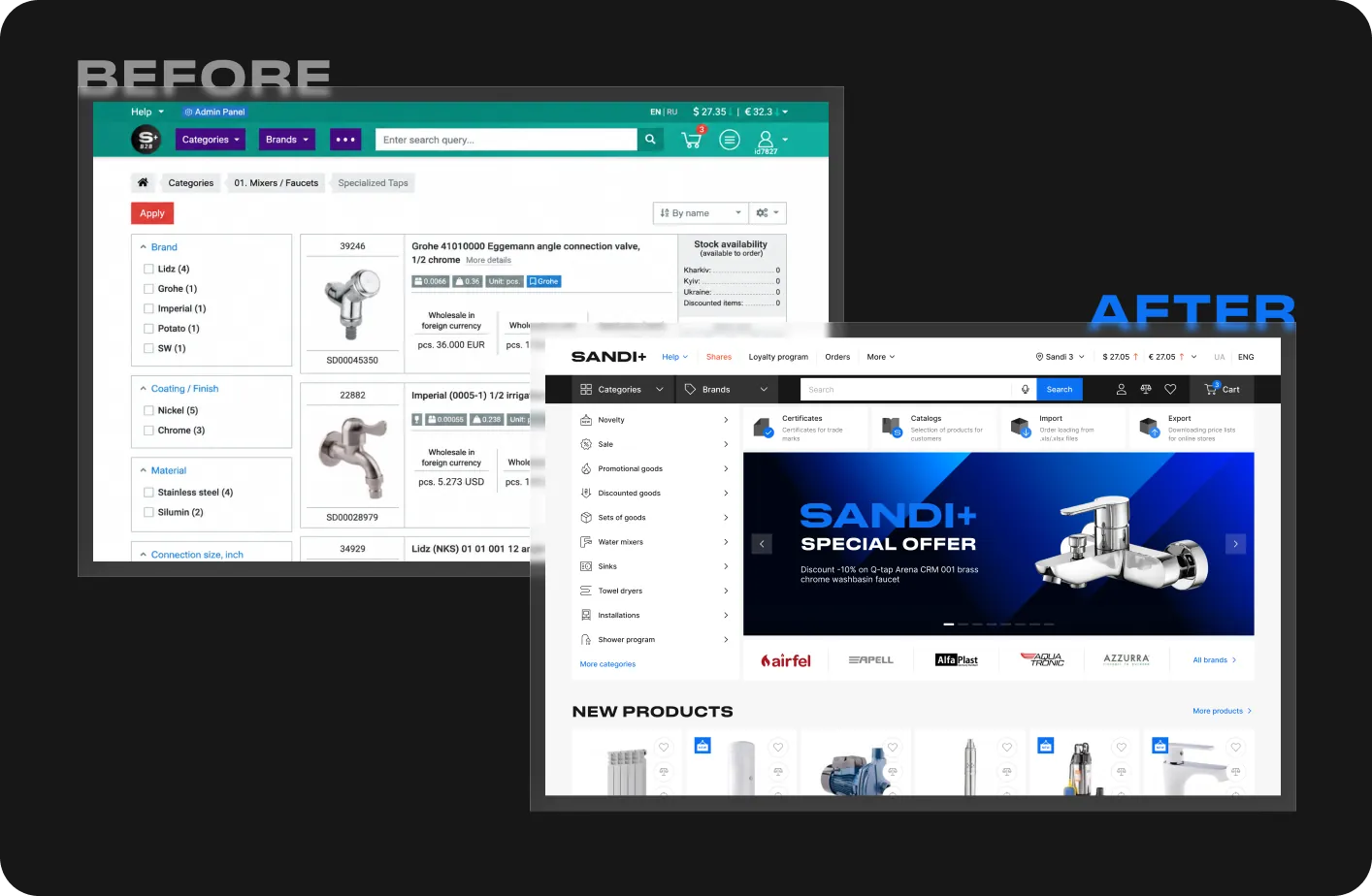 Before and after of the Sandi+ catalog: the old green-header product list next to the redesigned dark-header catalog home