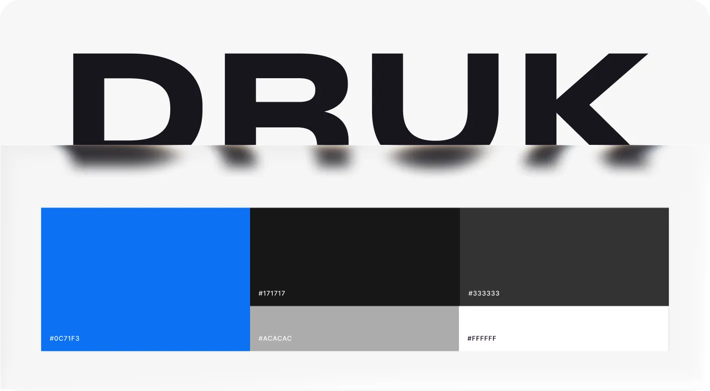 Sandi+ design foundations: the Druk typeface specimen above the blue, black, grey and white colour palette with hex values