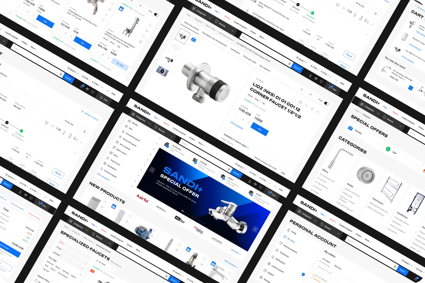 Angled collage of Sandi+ desktop screens: home page, special offers, categories, product pages and personal account