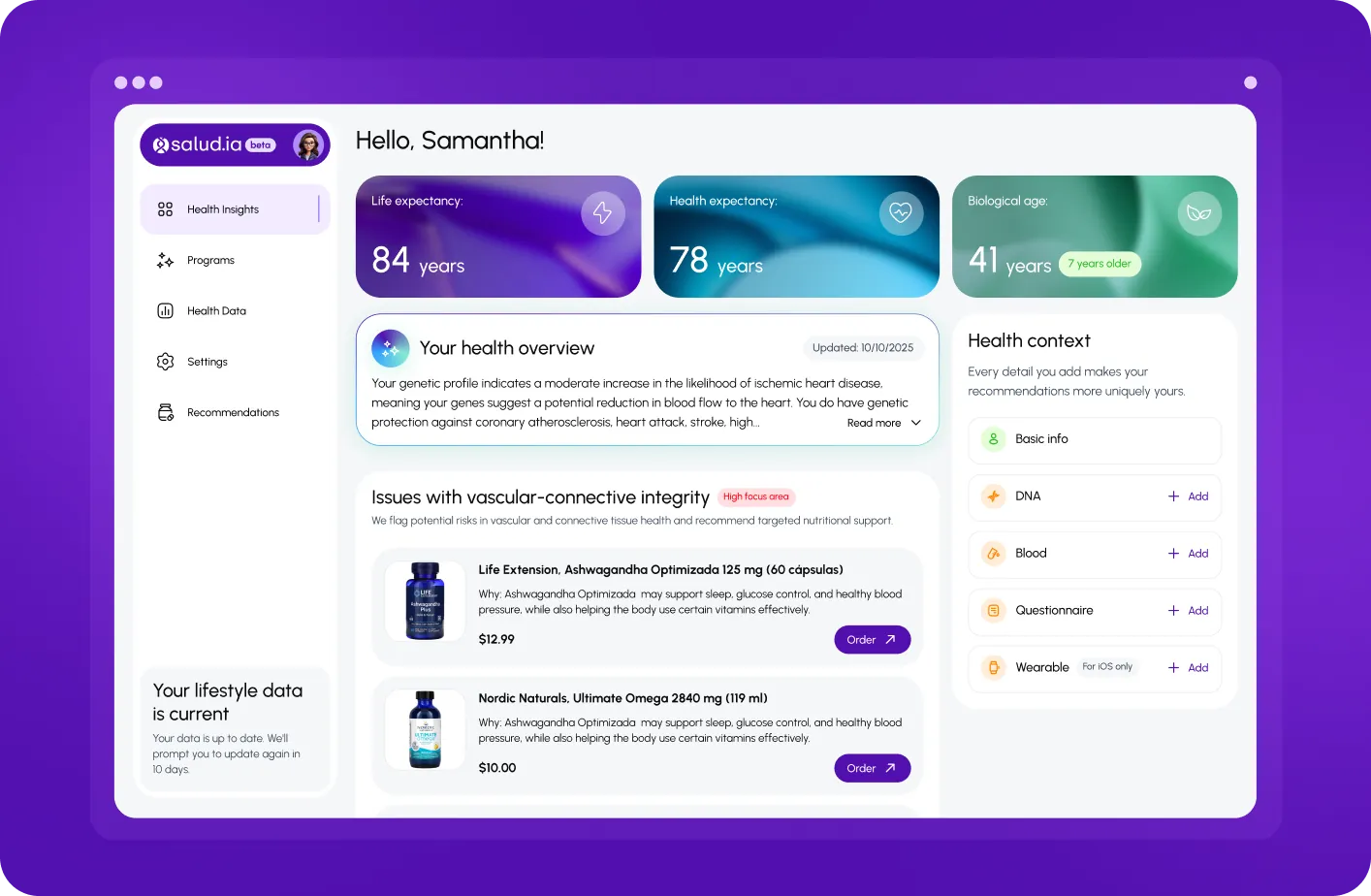 Salud.ia web dashboard with life expectancy 84, health expectancy 78 and biological age 41 cards, a health overview and supplement recommendations