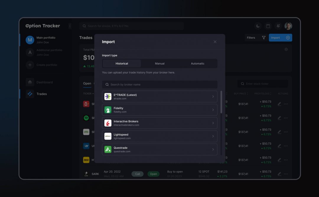 trades import, design for option tracker - financial platform