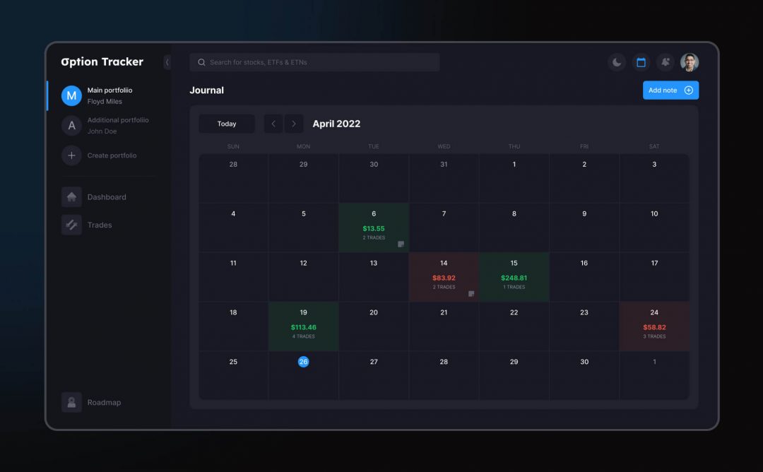 design calendar with trades for option tracker - financial platform